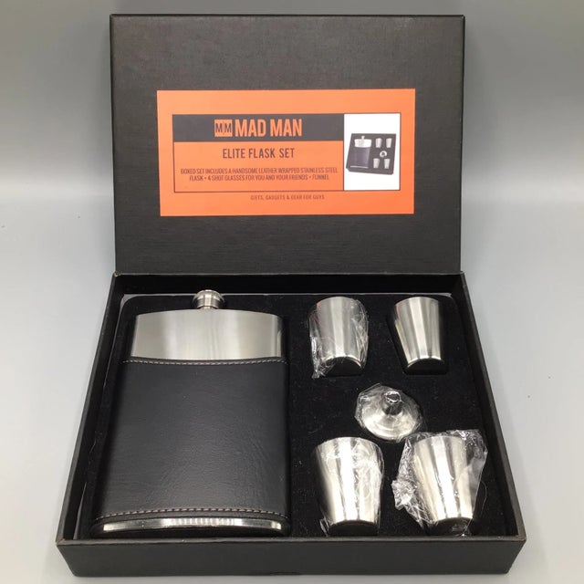 Mad Man Elite Stainless Steel Flask Set With 4 Shot Glasses, 1 Flask and 1 Funnel in Original Gift Box - 7 Piece For Sale - Image 13 of 13