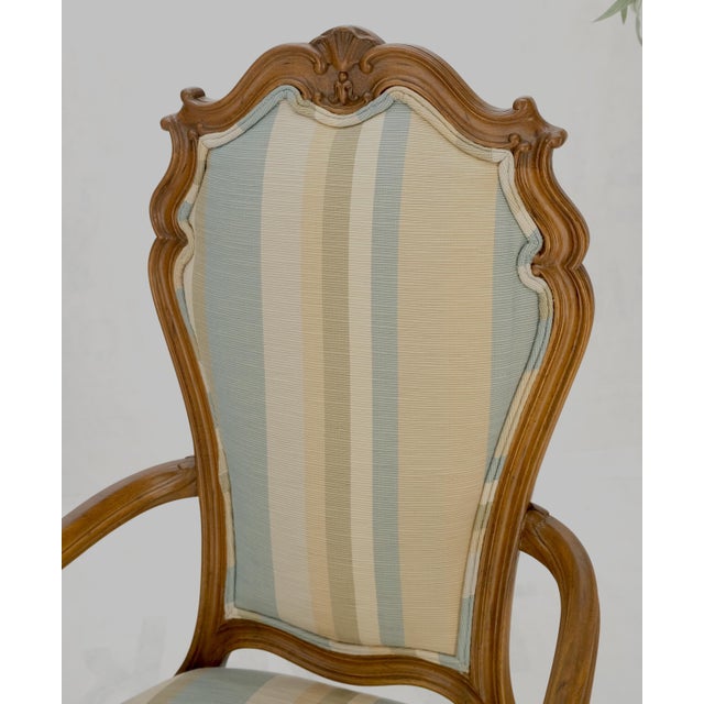 Pair Carved Striped Upholstery Tall Backs Carved Walnut Scallop Design Decorated Arm Fireside Chairs MINT!