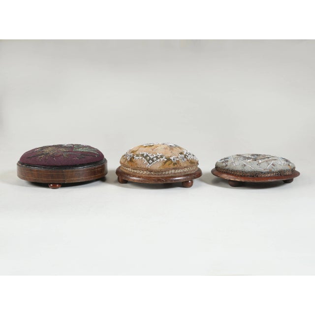 Antique Collection of English Hand-Beaded Ladies Footstools or Ottoman's from the late Victorian period. The Beaded...