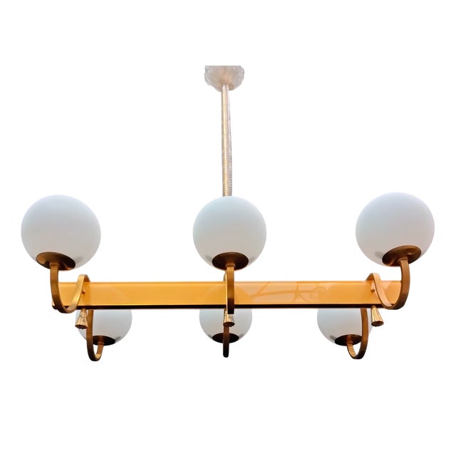 Brass and Opaline Glass Chandelier, 1960s For Sale