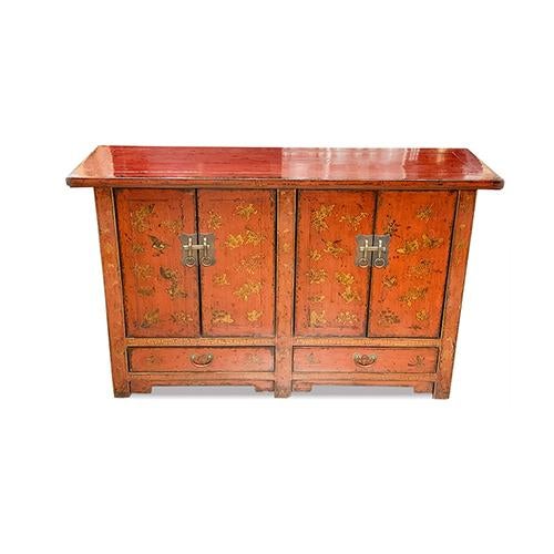 Shanxi Hand Painted Golden Butterfly Sideboard is made out of elm wood. It has 4 doors, 1 removable shelf on each...