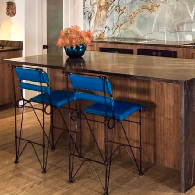 1970s Vintage Counter Stools : Chic Mid-Century Ilana Goor Style Counter Height (For 36” High Island/ Counter) Iron Stools - A Pair -in Blue Faux Leather For Sale - Image 5 of 12