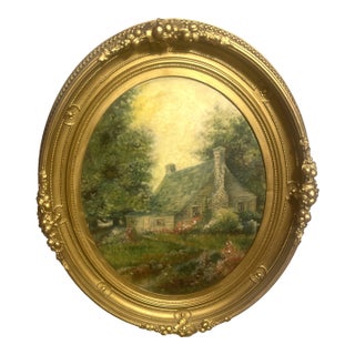 Beautiful Garden Cottage in Original Oval Gold Frame For Sale
