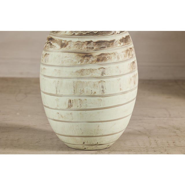 Large Artisan Cream Glazed Ceramic Vase with Brown Striated Bands For Sale - Image 17 of 17
