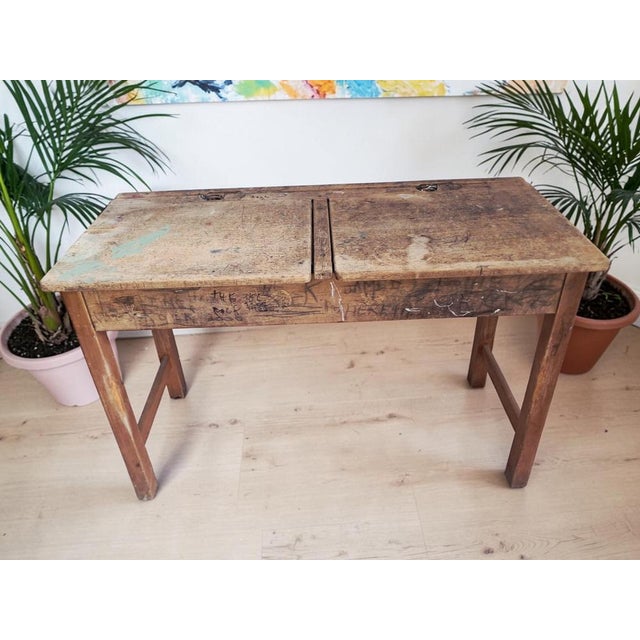 Vintage Double School Desk in Wood, 1970 For Sale - Image 4 of 18