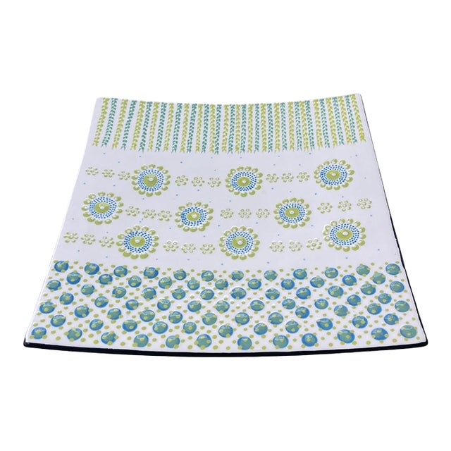 Vintage South African Hand-Painted Ceramic Square Platter – Blue & Lime Green Dot Art For Sale