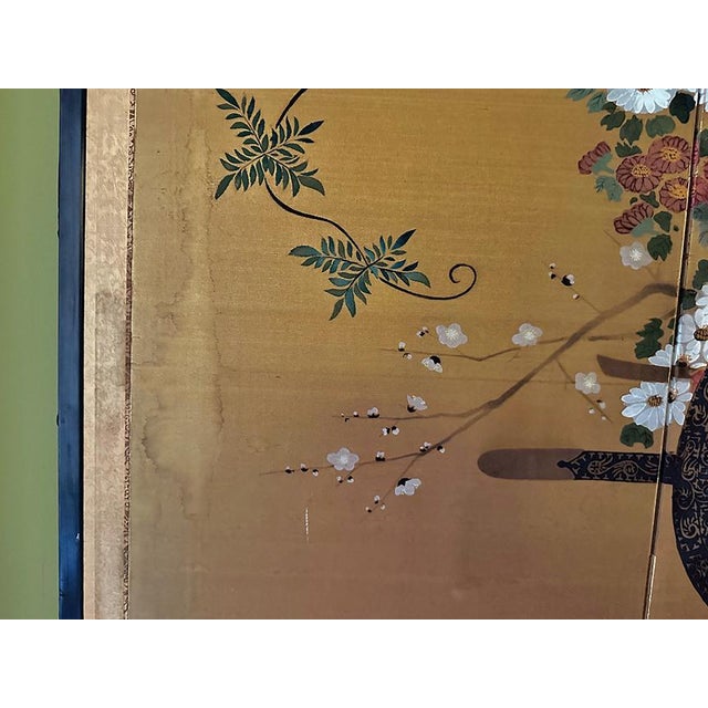 Japanese Showa Four Panel Screen Hanaguruma Flower Cart For Sale - Image 4 of 5