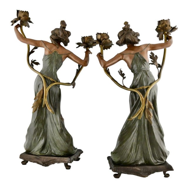 Art Nouveau Candleholders with Flowers, 1900, Set of 2 For Sale - Image 3 of 12