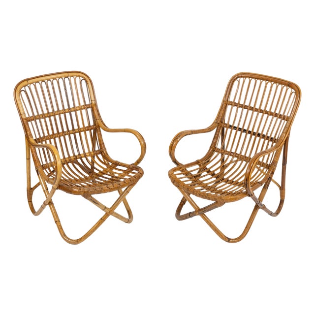 Mid-Century Bamboo and Rattan Armchairs in the style of Tito Agnoli, Italy 1960s For Sale