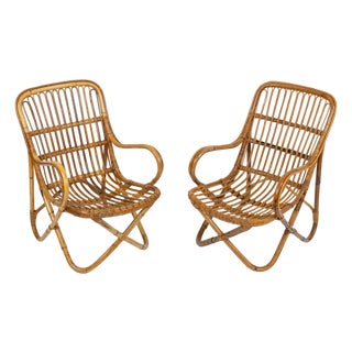 Mid-Century Bamboo and Rattan Armchairs in the style of Tito Agnoli Style, Italy 1960s For Sale