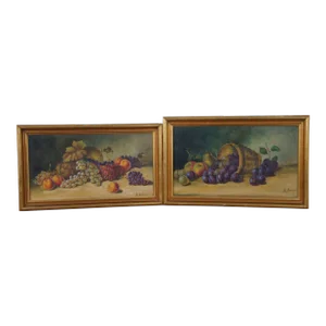 Set of 2 Antique Framed Realist Still Life Oil Paintings on Canvas of Fruit