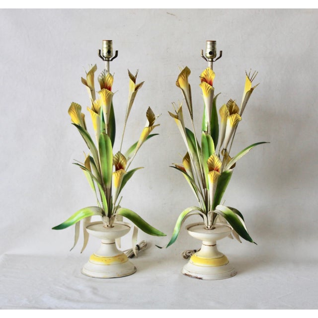 Italian Vintage Italian Tole Flowers Urn Table Lamps- a Pair For Sale - Image 3 of 12