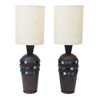 Pair of Vintage Rare Aldo Londi for Bitossi Earthenware Lamps With 3 Rows of Ceramic Dots Blues Purples For Sale
