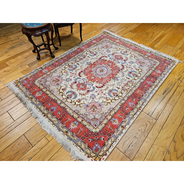 Textile Vintage Persian Tabriz Area Rug, Hand-Knotted Wool & Silk, Floral Pattern, Ivory & Salmon, 5x7 For Sale - Image 7 of 16