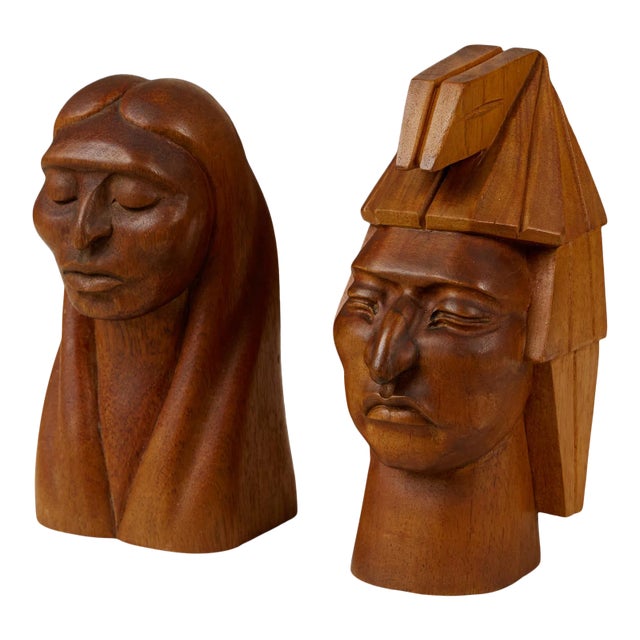 Wooden Native American Busts - a Pair For Sale