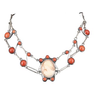 Vintage Sterling Silver Shell and Coral Necklace For Sale