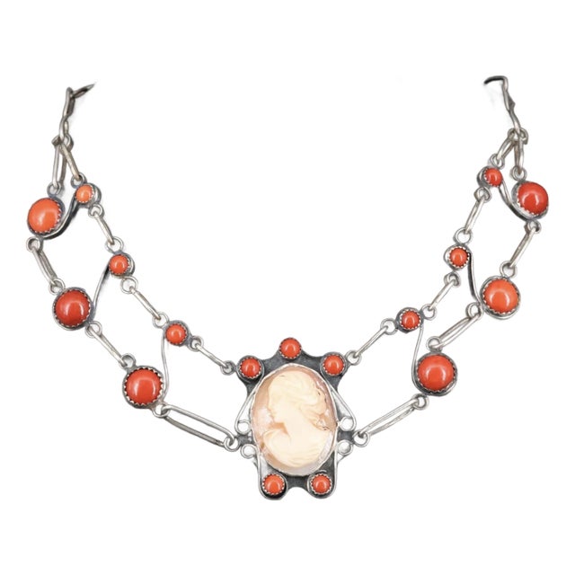 Vintage Sterling Silver Shell and Coral Necklace For Sale