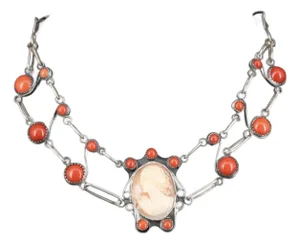 Vintage Sterling Silver Shell and Coral Necklace