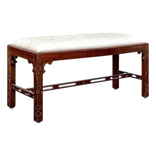 Vintage Baker Cliveden Place Mahogany Chippendale Style Fretwork Bench With Cream Damask Upholstery For Sale