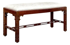 Vintage Baker Cliveden Place Mahogany Chippendale Style Fretwork Bench With Cream Damask Upholstery