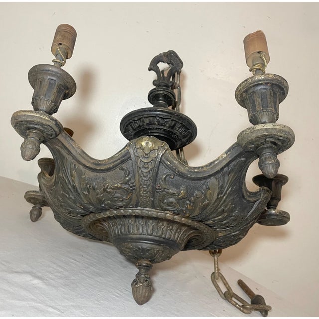Antique Ornate Neoclassical Heavy Cast Iron 5 Arm Hanging Fixture Chandelier For Sale - Image 17 of 18