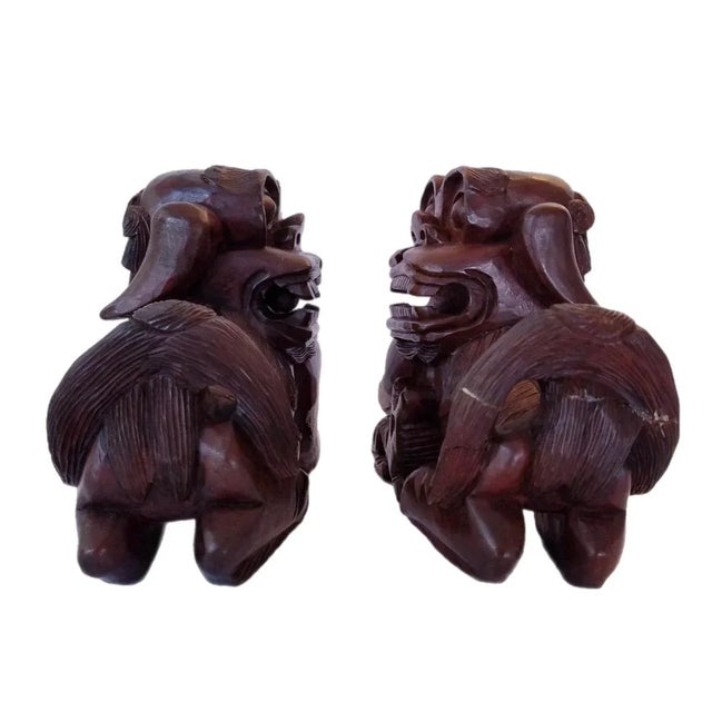 Vintage Chinese Foo Dog Asian Art Statue Decor Wooden Hand Carved Large - a Pair For Sale In Tampa - Image 6 of 8