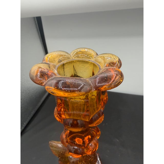 Mid-Century Modern 1950s Pair of Amber Colored Glass Dolphin Candlesticks For Sale - Image 3 of 6