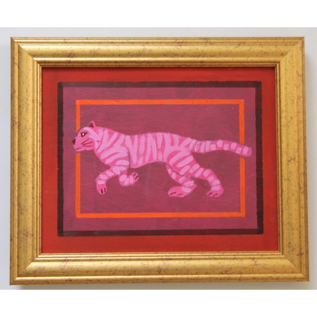 2020s Tiger Folk Art Minimalism Pop Art Raspberry Pink Burgundy Orange Original Oil Painting by Cleo Plowden For Sale - Image 5 of 7