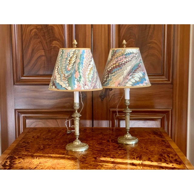 Pair of Louis XVI Period Candlestick Lamps With Marbleized Shades For Sale - Image 4 of 15