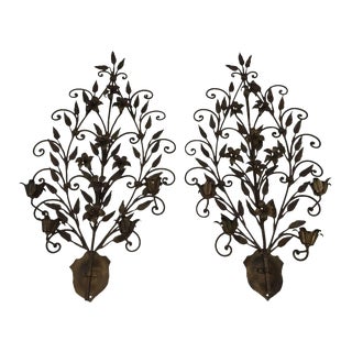 Hand Wrought Iron Floral Wall Sconces - A Pair For Sale