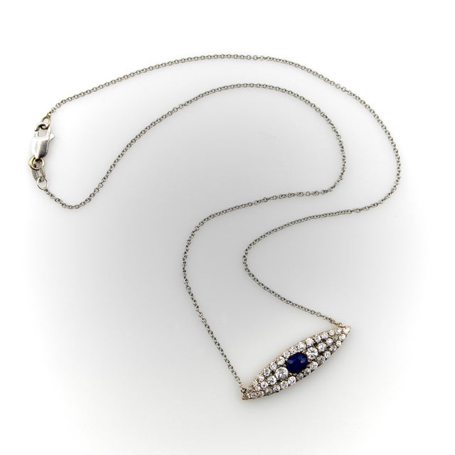 Late 19th Century Victorian 14k Gold Diamond and Sapphire Eye-Shaped Pendant Necklace For Sale - Image 4 of 10