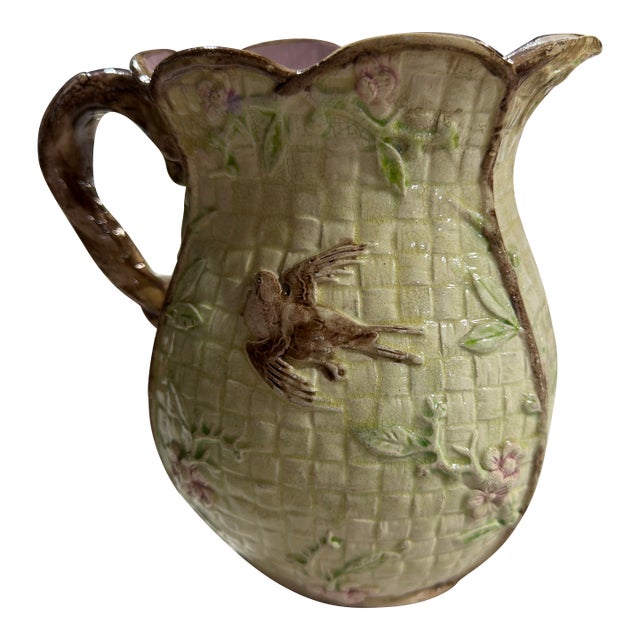 Antique Majolica Pitcher With Bird Motif For Sale