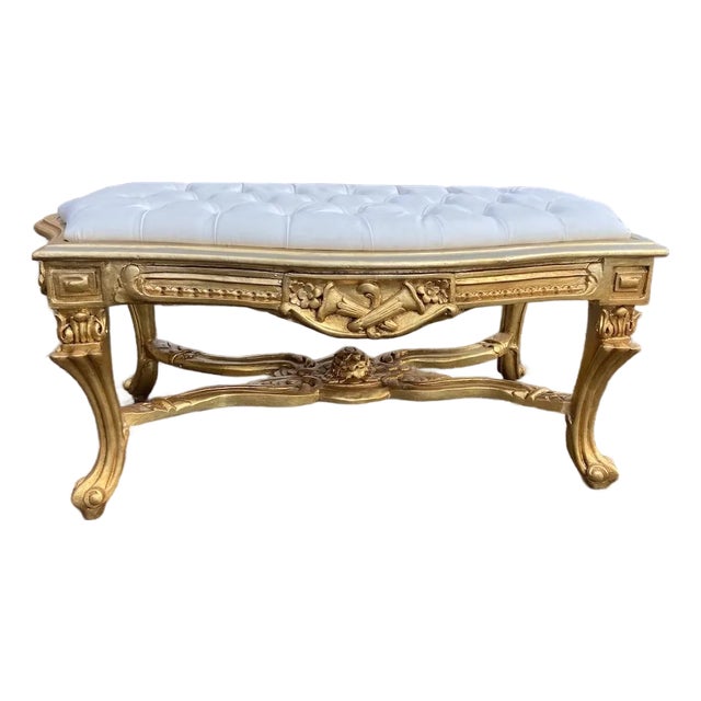1950s French Vintage Off-White Leather Gilt Beech Bench For Sale