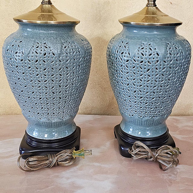 Late 20th Century Reticulated Celadon Chinoiserie Porcelain Table Lamps With Pleated Shades - 29" - a Pair For Sale - Image 10 of 18