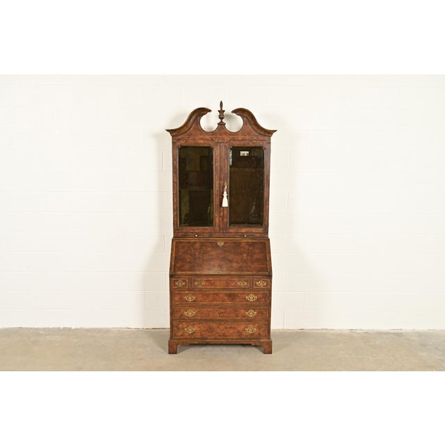 English Baker Furniture Georgian Banded Burled Walnut Drop Front Secretary Desk With Bookcase Hutch For Sale - Image 3 of 16