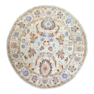 Afghan Sultanabad Master Wool 11x11 Ivory, Light Blue & Light Orange Handmade Round Area Rug #1143252 For Sale