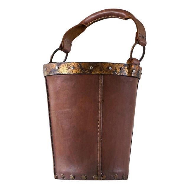 Mid-Century Bucket or Basket in Leather and Metal, 1940s For Sale