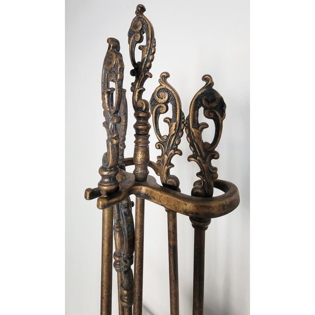 Italian Die-Cast Brass 5-Piece Fireplace Tool Set For Sale - Image 4 of 7