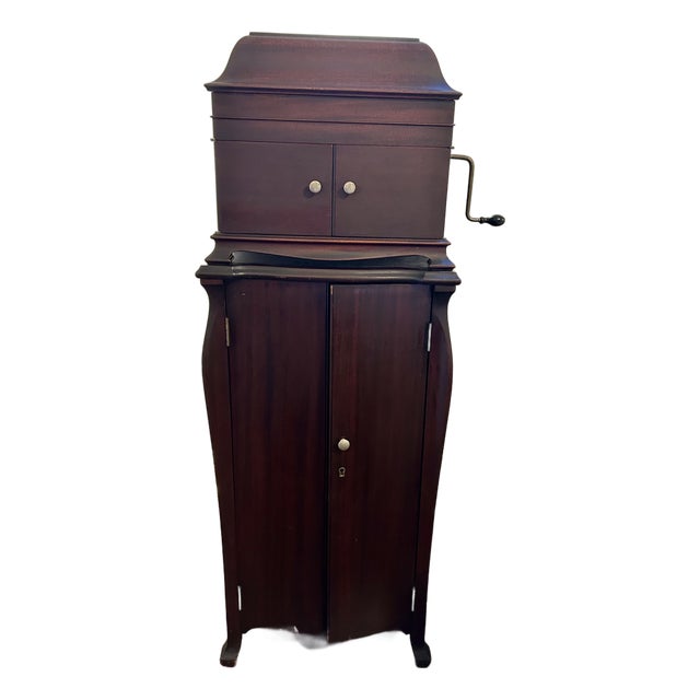 Antique Victrola Mahogany Console With Record Collection For Sale