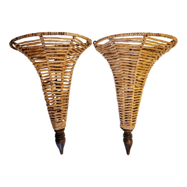 Vintage Twisted Banana Leaf Large Open Top Coastal Regency Wall Pockets- a Pair For Sale