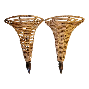 Vintage Twisted Banana Leaf Large Open Top Coastal Regency Wall Pockets- a Pair