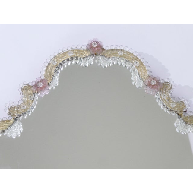 Glass Mid-Century Italian Scalloped Murano Glass Wall Mirror with Pink Flowers, 1970s For Sale - Image 7 of 12