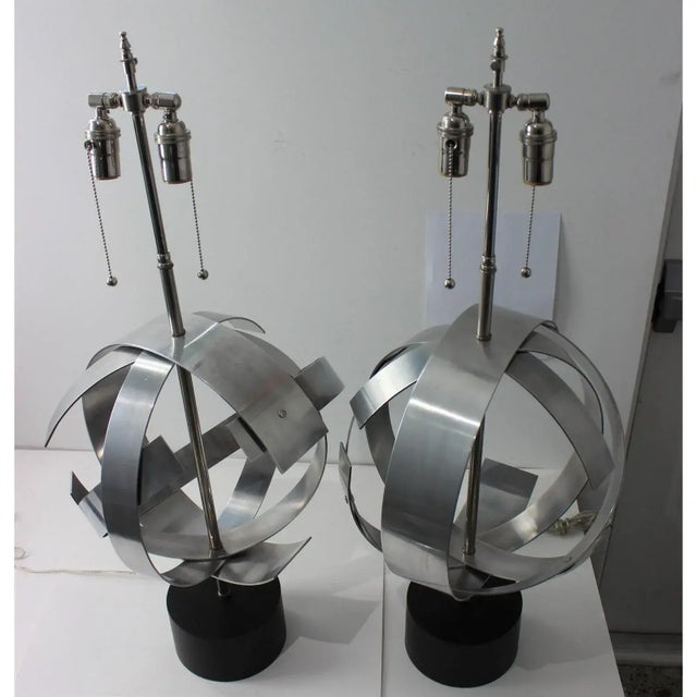 Metal Armillary Steel Table Lamps - The Pair For Sale - Image 7 of 14