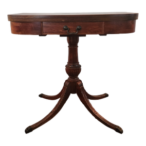 Antique Mahogany Entrance Table Convertible Game Table With Drawer & Carved Pedestal Base