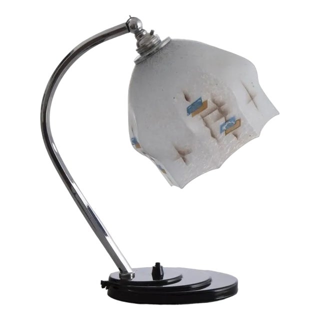 Art Deco Swan Neck Desk Reading Lamp with Original Geometric Shade, 1930s For Sale