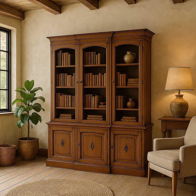 A 1960s Drexel Triune hutch cabinet in mahogany, combining a broad three-bay display section with enclosed lower storage....