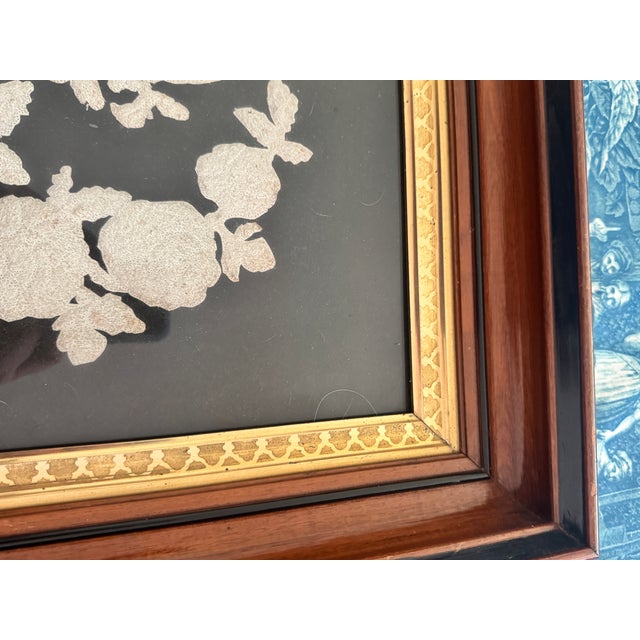 Victorian Pin Prick Flower Basket Folk Art Black Velvet Deep Well Frame For Sale In Pittsburgh - Image 6 of 12