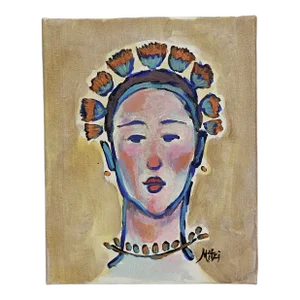 Contemporary Modern Original Portrait Painting of a Woman Wearing a Flower Headdress