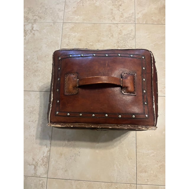 Tooled Leather Ottoman Plain With Nailheads Antique Brown For Sale - Image 12 of 12