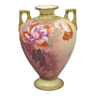 Antique Nippon Hand Painted Porcelain Small Pink Floral Vase W Gold Twin Handles For Sale